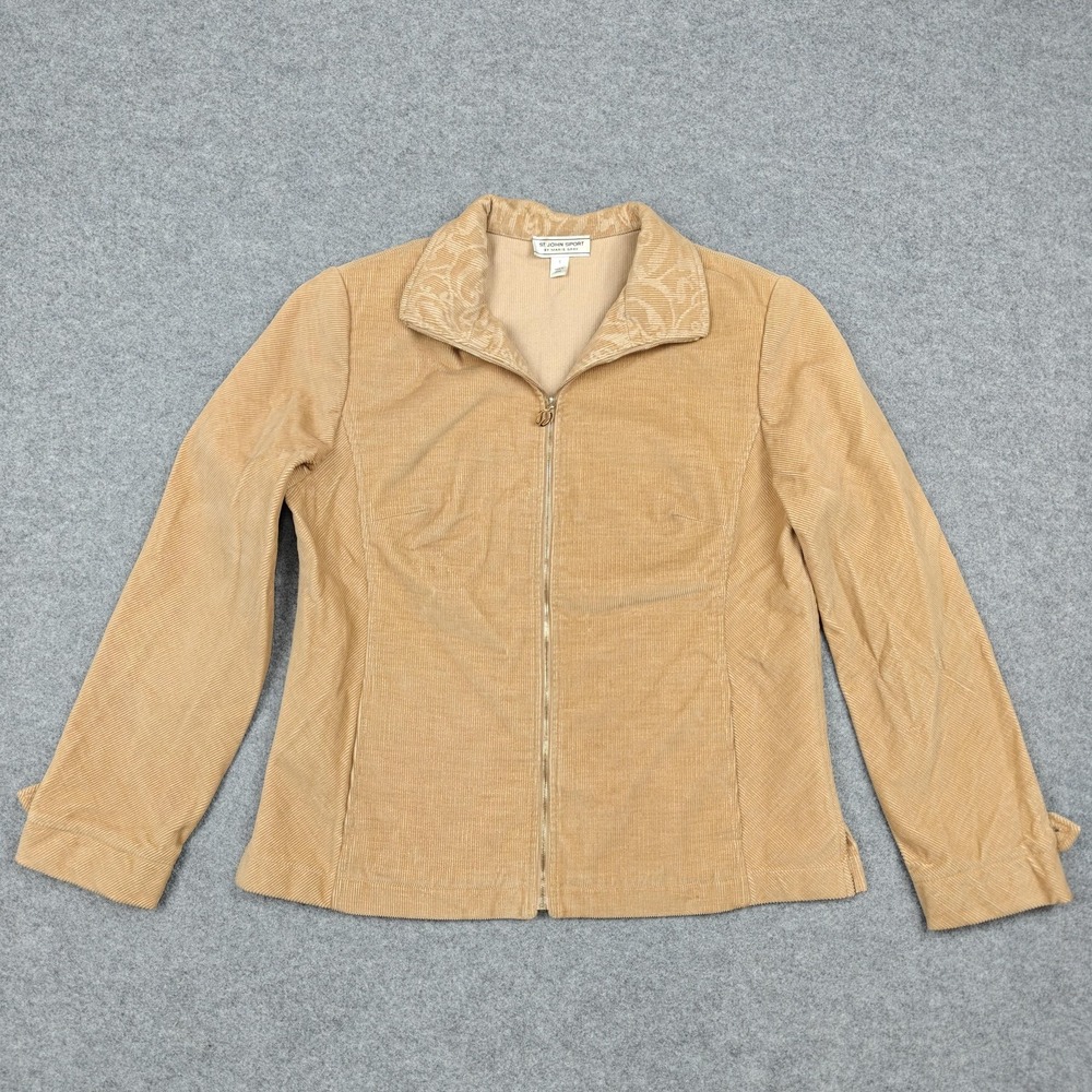 St John Sport Jacket Womens Small‎ Beige Corduroy Full Zip Collared Button Cuffs